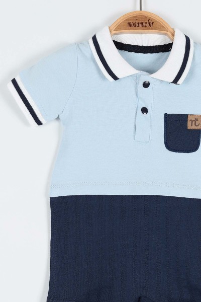 Bebe Mavisi (3-15 Ay) Çizgili Polo Yakalı Cep Detaylı Erkek Bebe Tulum 179740
