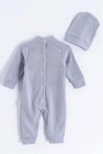 Bebe Mavisi (3-18 Ay) Ayıcık Nakışlı Waffle Kumaş Şapkalı Erkek Bebek Tulum 487029