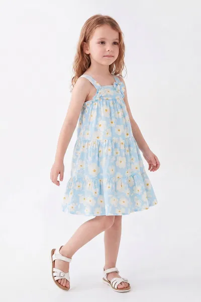 Bebe Mavisi (3-8 Yaş) Çiçek Desenli Askılı Fiyonklu Dokuma Kız Çocuk Elbise 454976