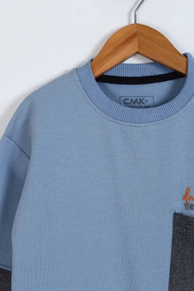 Bebe Mavisi (4-11 Yaş)Nakışlı Garni Detay Pantolonlu Erkek Çocuk 2'li Takım 339401