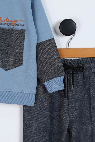 Bebe Mavisi (4-11 Yaş)Nakışlı Garni Detay Pantolonlu Erkek Çocuk 2'li Takım 339401