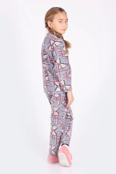 Bebe Mavisi (4-12 Yaş)Fiyonk  Desenli Polar Kumaş Kız Çocuk Pijama Takımı 327478