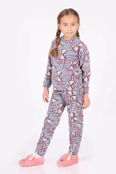 Bebe Mavisi (4-12 Yaş)Fiyonk  Desenli Polar Kumaş Kız Çocuk Pijama Takımı 327478