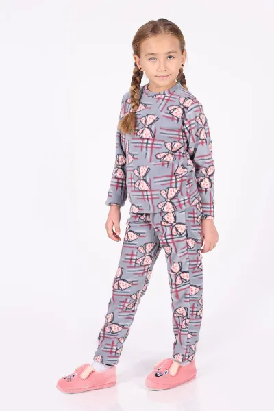 Bebe Mavisi (4-12 Yaş)Fiyonk  Desenli Polar Kumaş Kız Çocuk Pijama Takımı 327478