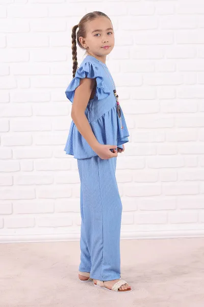 Bebe Mavisi (5-13 Yaş )FırfırlI Kolye Detaylı Bürümcük Kız Çocuk Takım 332908