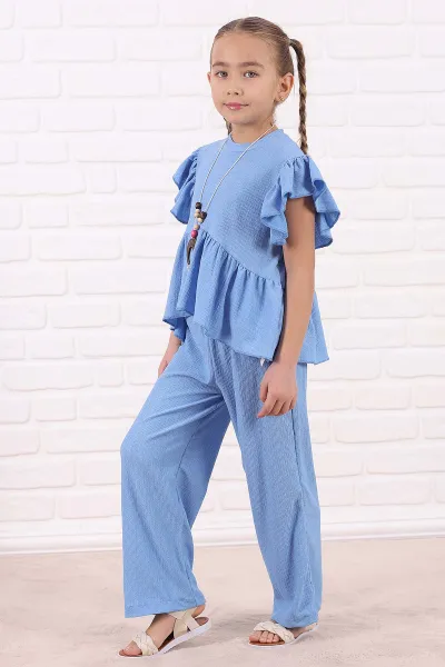 Bebe Mavisi (5-13 Yaş )FırfırlI Kolye Detaylı Bürümcük Kız Çocuk Takım 332908