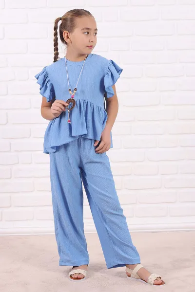 Bebe Mavisi (5-13 Yaş )FırfırlI Kolye Detaylı Bürümcük Kız Çocuk Takım 332908