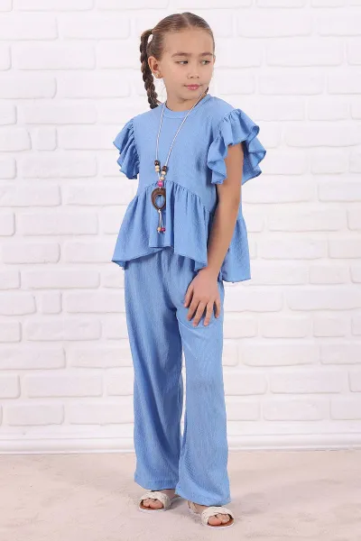 Bebe Mavisi (5-13 Yaş )FırfırlI Kolye Detaylı Bürümcük Kız Çocuk Takım 332908