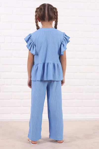 Bebe Mavisi (5-13 Yaş )FırfırlI Kolye Detaylı Bürümcük Kız Çocuk Takım 332908