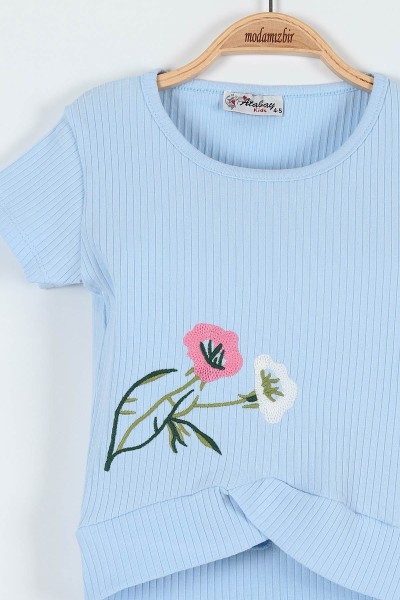 Bebe Mavisi (5-8 Yaş) Çiçek Nakışlı Bel Detaylı Fitilli Kız Çocuk Takım 184818