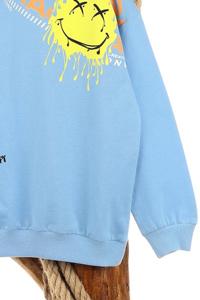 Bebe Mavisi (5-8 Yaş) Feel Happy Baskılı Kapüşonlu  Mevsimlik Erkek Çocuk Sweat 157161