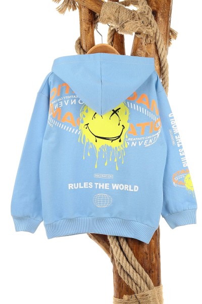 Bebe Mavisi (5-8 Yaş) Feel Happy Baskılı Kapüşonlu  Mevsimlik Erkek Çocuk Sweat 157161