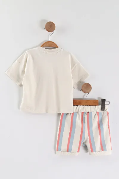 Bebe Mavisi (6-12 Ay-3-4 Yaş) Cute Baskılı Tişörtlü Çizgili Şortlu Erkek Çocuk Yazlık Takım 452955