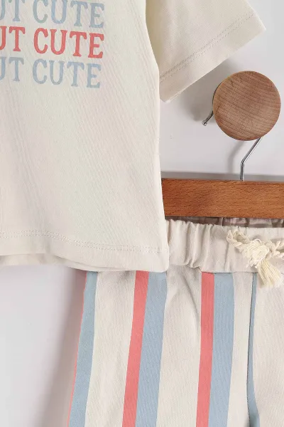 Bebe Mavisi (6-12 Ay-3-4 Yaş) Cute Baskılı Tişörtlü Çizgili Şortlu Erkek Çocuk Yazlık Takım 452955