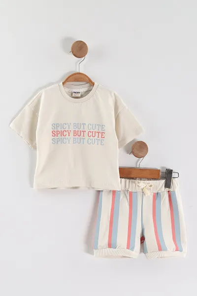 Bebe Mavisi (6-12 Ay-3-4 Yaş) Cute Baskılı Tişörtlü Çizgili Şortlu Erkek Çocuk Yazlık Takım 452955