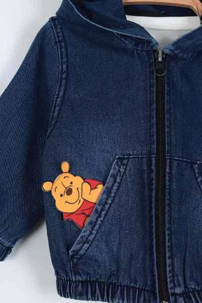 Bebe Mavisi (6-24 Ay) Figürlü Kanguru Cep Detaylı Üçlü Kot Erkek Bebe Takım 227723