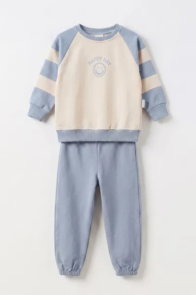 Bebe Mavisi (6-24 Ay) Happy Day Baskılı Garnili  2 İp Erkek Bebek Takım 479025