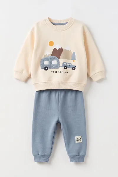 Bebe Mavisi (6-24 Ay) Süzene Karavan Nakışlı 3 İp Şardonlu Erkek Bebek Kışlık Takım 499792