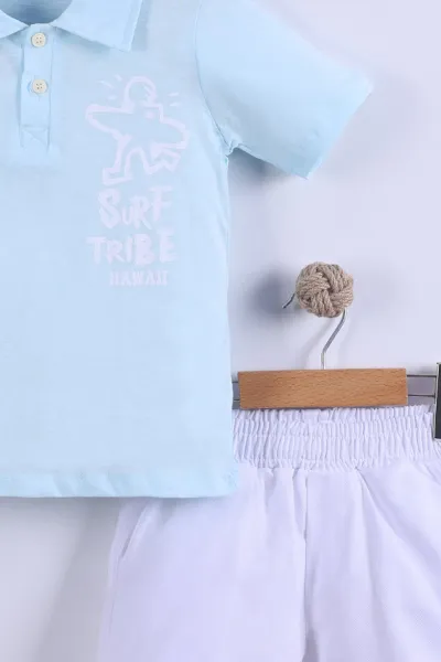 Bebe Mavisi (7-11 Yaş) Surf Tribe Baskılı Gömlek Yaka Tişörtlü   Gabardin  Şortlu Erkek Çocuk Yazlık Takım 441761
