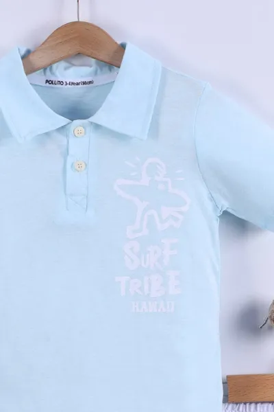 Bebe Mavisi (7-11 Yaş) Surf Tribe Baskılı Gömlek Yaka Tişörtlü   Gabardin  Şortlu Erkek Çocuk Yazlık Takım 441761