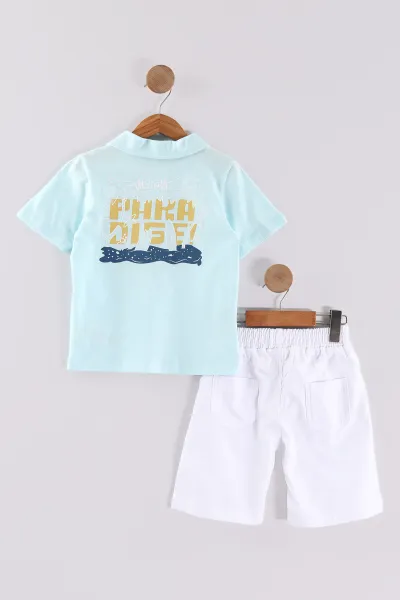 Bebe Mavisi (7-11 Yaş) Surf Tribe Baskılı Gömlek Yaka Tişörtlü   Gabardin  Şortlu Erkek Çocuk Yazlık Takım 441761