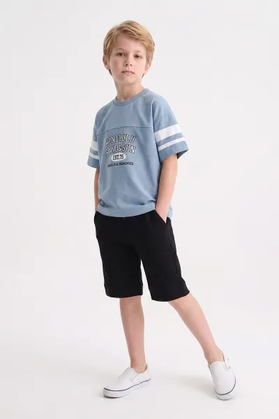 Bebe Mavisi (7-12 Yaş) Çizgi Desen Cepli Şortlu  Erkek Çocuk Yazlık Takım 469685