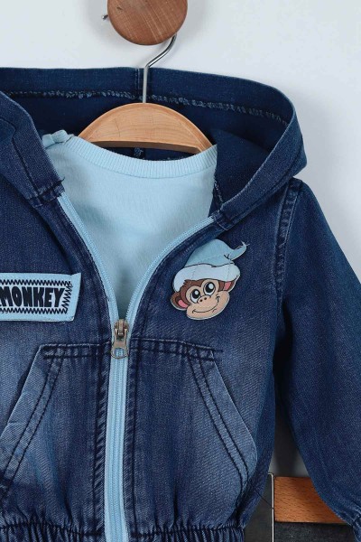 Bebe Mavisi (9-24 Ay) Kanguru Cep Detaylı Üçlü Kot Erkek Bebe Takım 222875