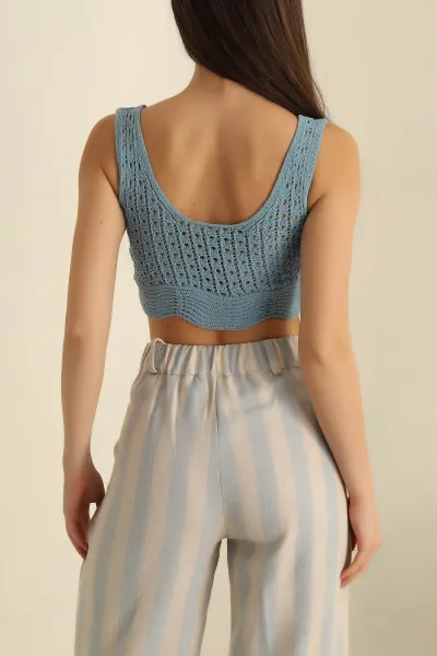 Bebe Mavisi Ajurlu Crop Triko Bluz 271050