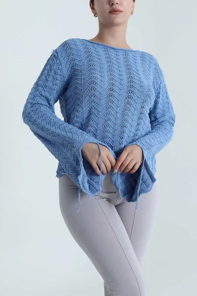 Bebe Mavisi Ajurlu Kol Ağzı Bağcıklı Triko Kadın Bluz 483743