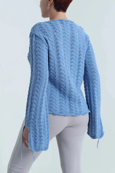 Bebe Mavisi Ajurlu Kol Ağzı Bağcıklı Triko Kadın Bluz 483743