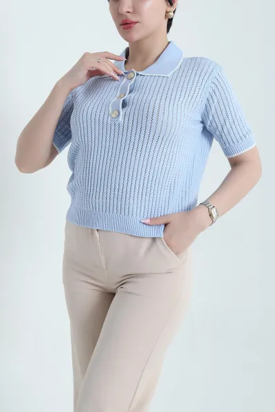 Bebe Mavisi Ajurlu Polo Yaka Kadın Triko Tişört 456788