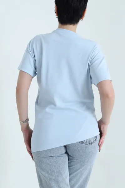 Bebe Mavisi Asimetrik Kesim Bisiklet Yaka İnterlok Kadın Tişört 454679