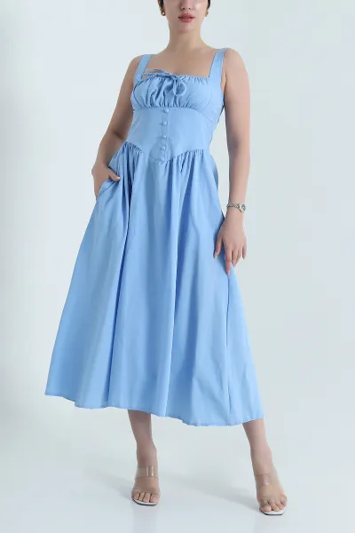 Bebe Mavisi Askılı Dokuma Kadın Korse Elbise 469759