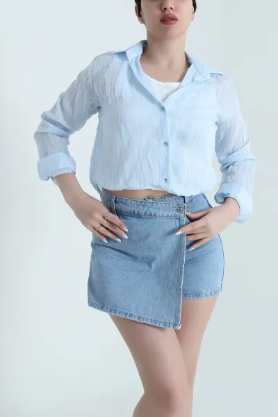 Bebe Mavisi Atletli Tencel Kadın Balon Gömlek 449383