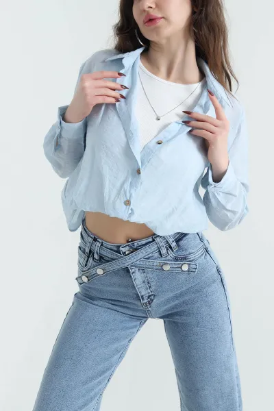Bebe Mavisi Badili Kendinden Kolyeli Poplin Kadın Gömlek 432639
