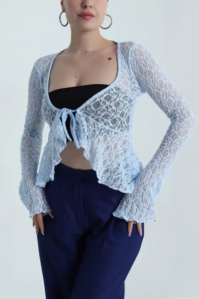 Bebe Mavisi Bağlamalı Dantelli Kadın Bluz 488633