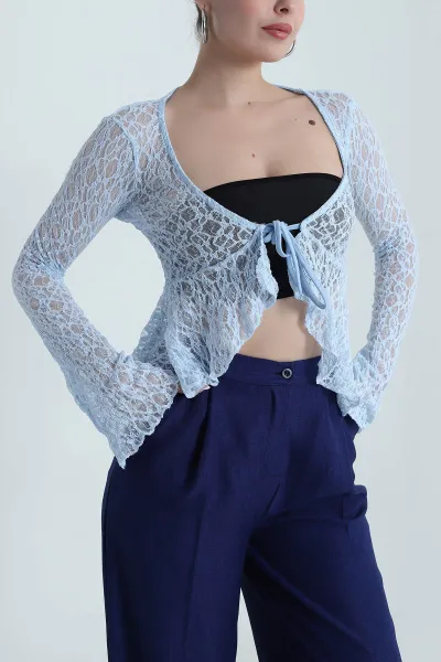 Bebe Mavisi Bağlamalı Dantelli Kadın Bluz 488633