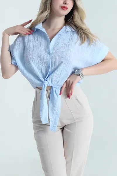 Bebe Mavisi Bağlamalı Gofre Kadın Gömlek 475722