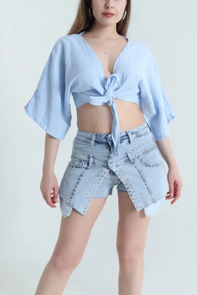 Bebe Mavisi Bağlamalı Müslin Keten Kadın Kimono Bluz 464824