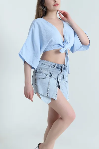 Bebe Mavisi Bağlamalı Müslin Keten Kadın Kimono Bluz 464824