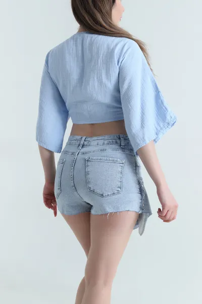 Bebe Mavisi Bağlamalı Müslin Keten Kadın Kimono Bluz 464824