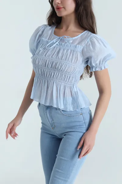 Bebe Mavisi Balon Kol Tencel Kadın Bluz 463197