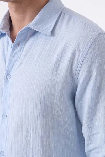 Bebe Mavisi Bambu Şönil Çizgili Erkek Uzun Kol Gömlek 471810