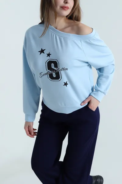 Bebe Mavisi Baskılı Likralı Vortex Kadın Bluz 494934