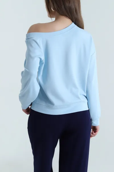 Bebe Mavisi Baskılı Likralı Vortex Kadın Bluz 494934