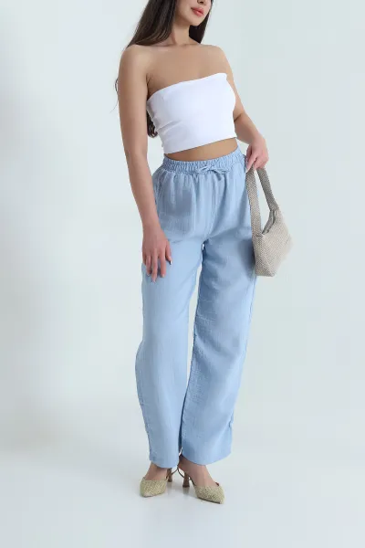 Bebe Mavisi Bel Lastikli Müslin Keten Kadın Pantolon 464565