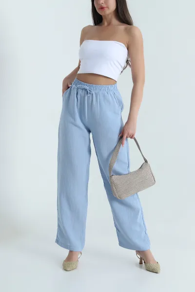 Bebe Mavisi Bel Lastikli Müslin Keten Kadın Pantolon 464565