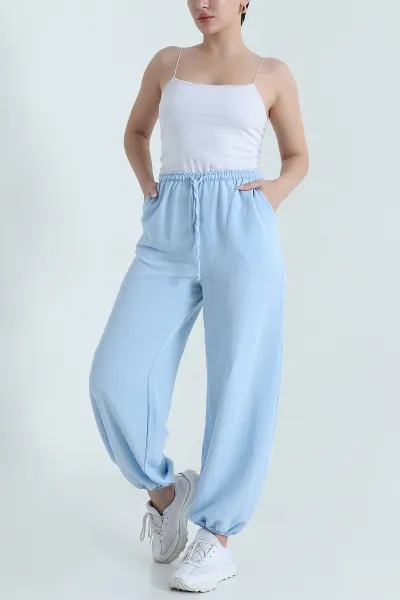 Bebe Mavisi Bel ve Paça Lastikli Keten Kadın Pantolon 471127