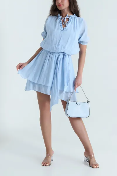 Bebe Mavisi Beli Lastikli Katlı Tensel Kadın Elbise 469754