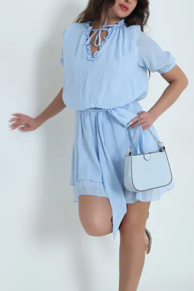 Bebe Mavisi Beli Lastikli Katlı Tensel Kadın Elbise 469754